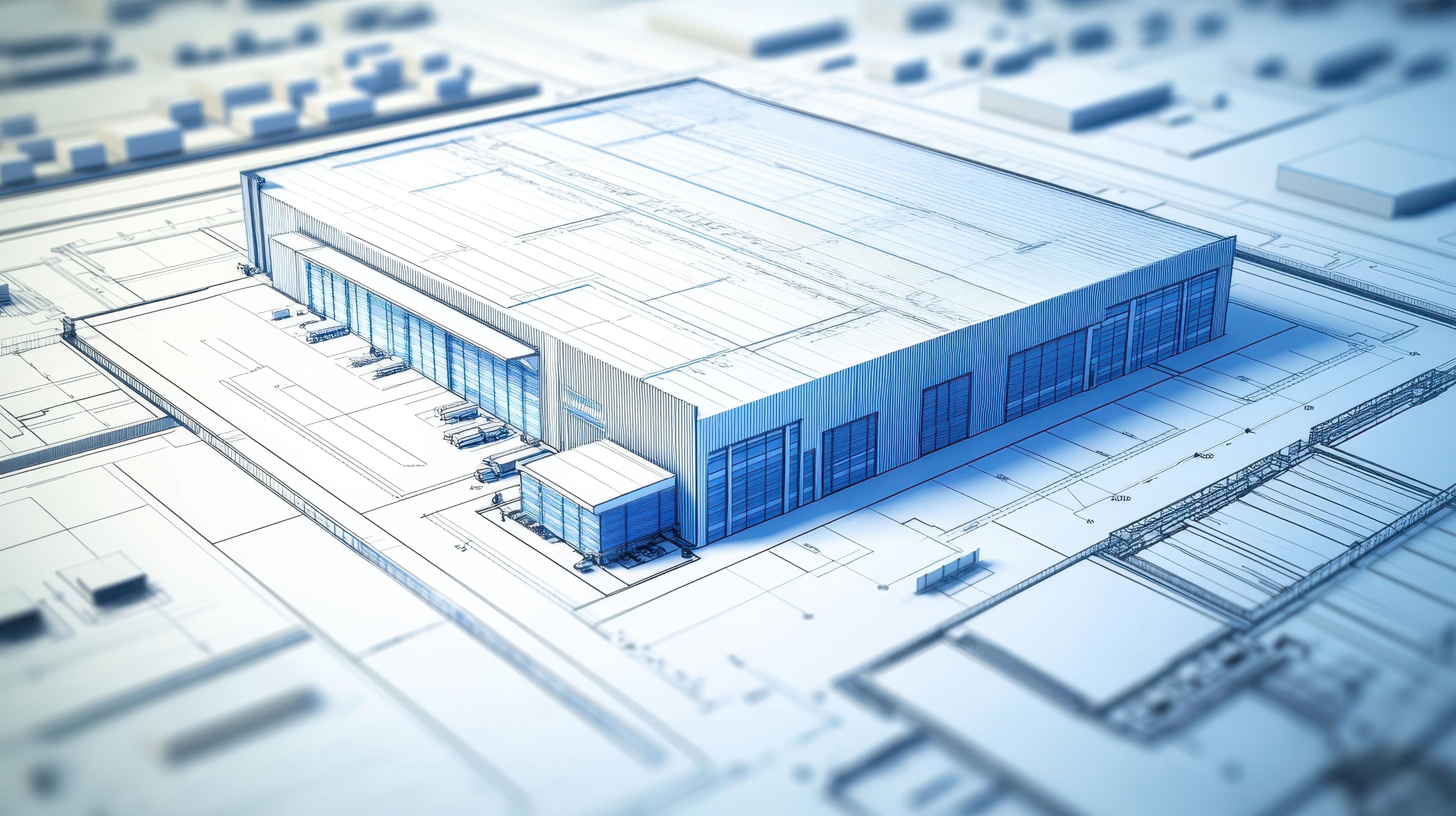 Projekt magazynu w wizualizacji 3D na planach architektonicznych
