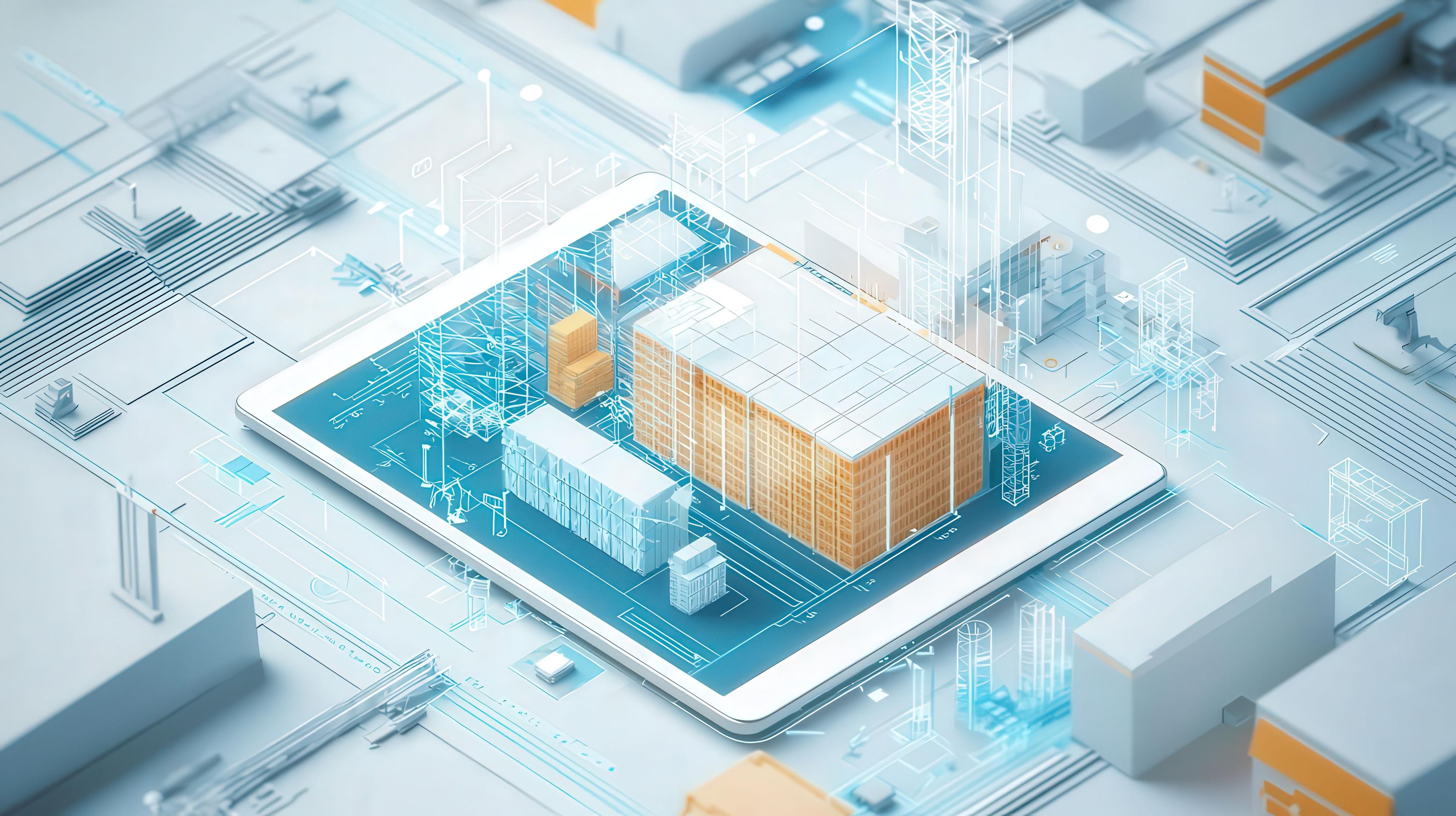 Digital warehouse visualization on tablet with holographic elements