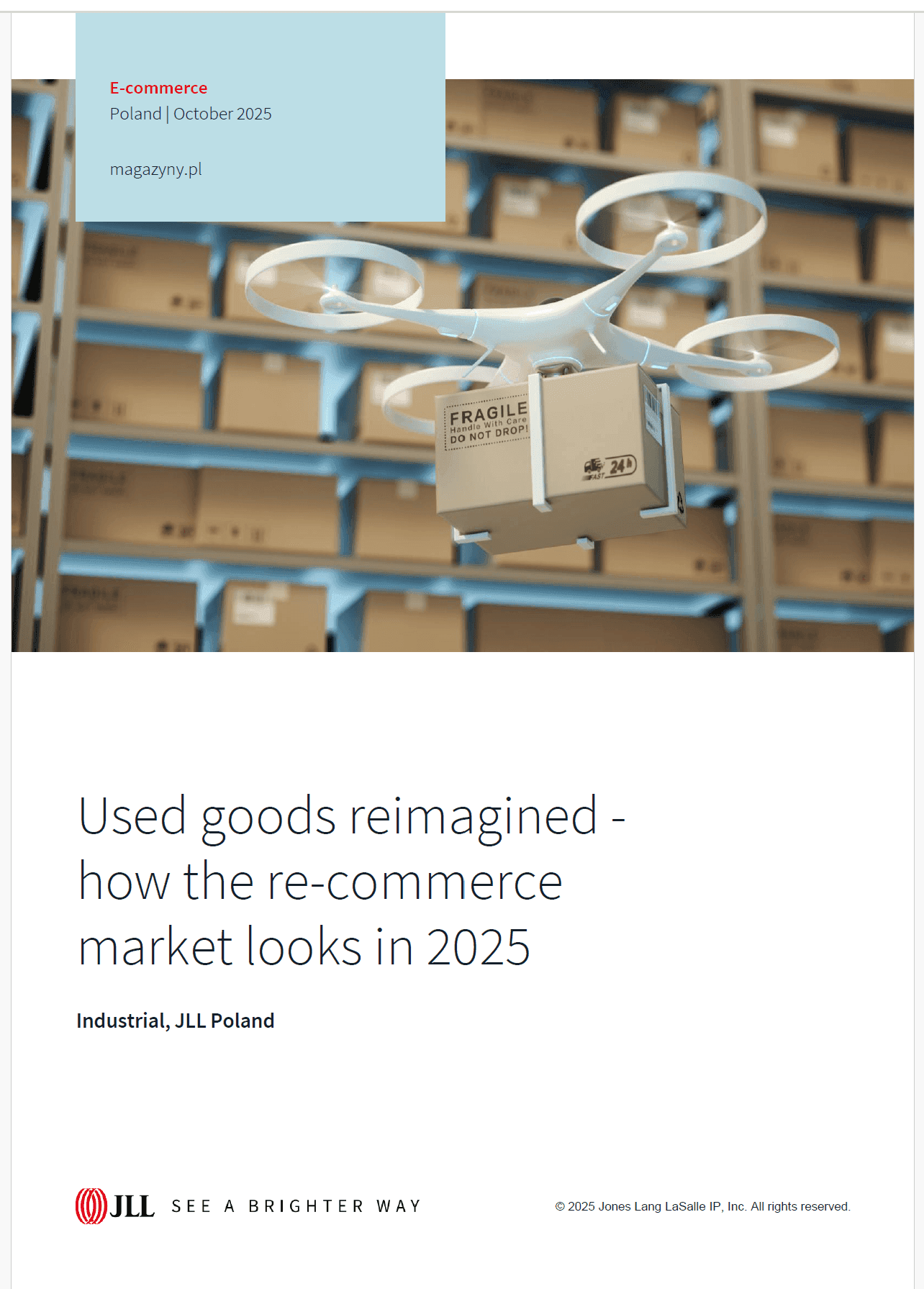 Cover of JLL material titled "Demystified Second-Hand: What the Re-Commerce Market Looks Like in 2025" with Industrial logo, JLL Poland and text "Poland | October 2025" and address magazyny.pl on a blue background.