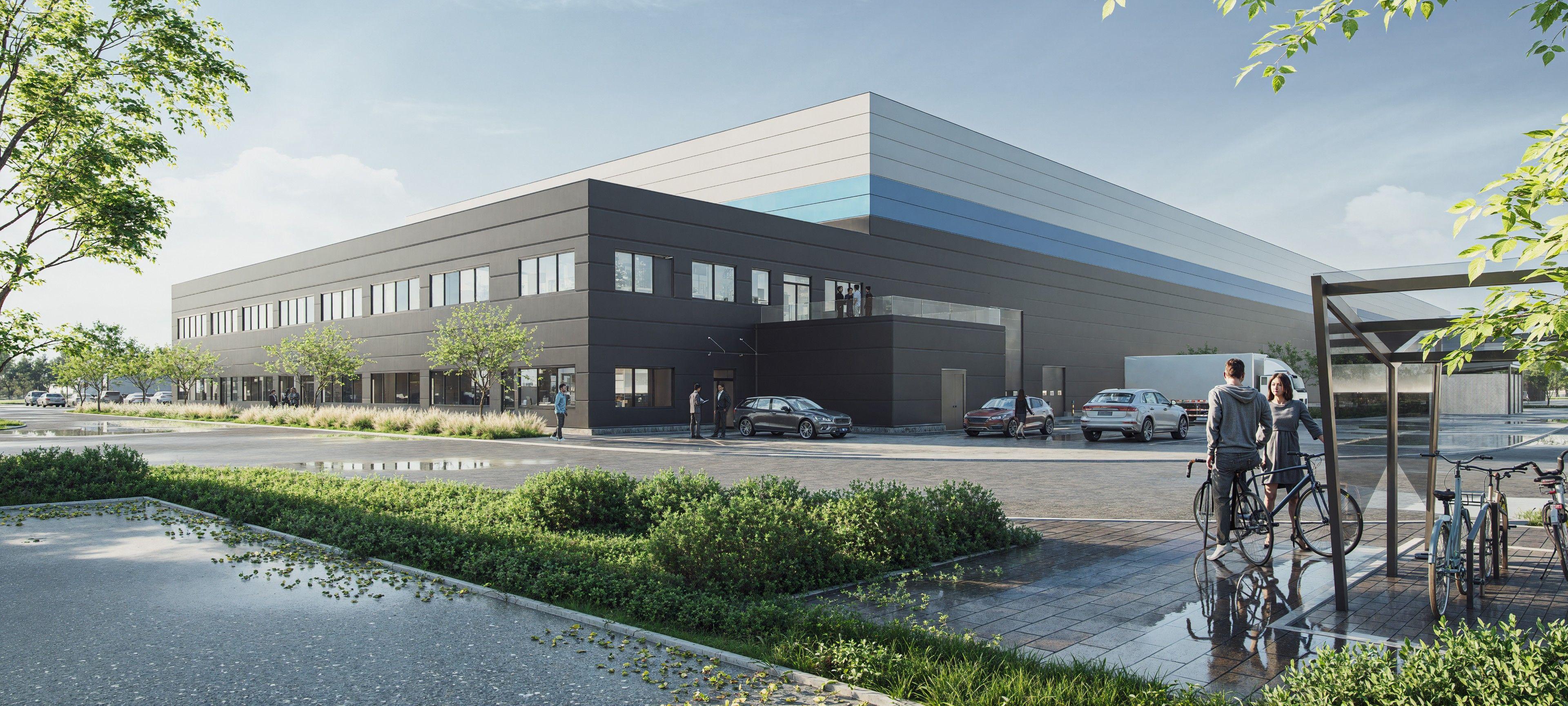Visualization of the new ZREW Transformers factory in Łódź developed by Panattoni – a modern production and office building with parking area and green surroundings.