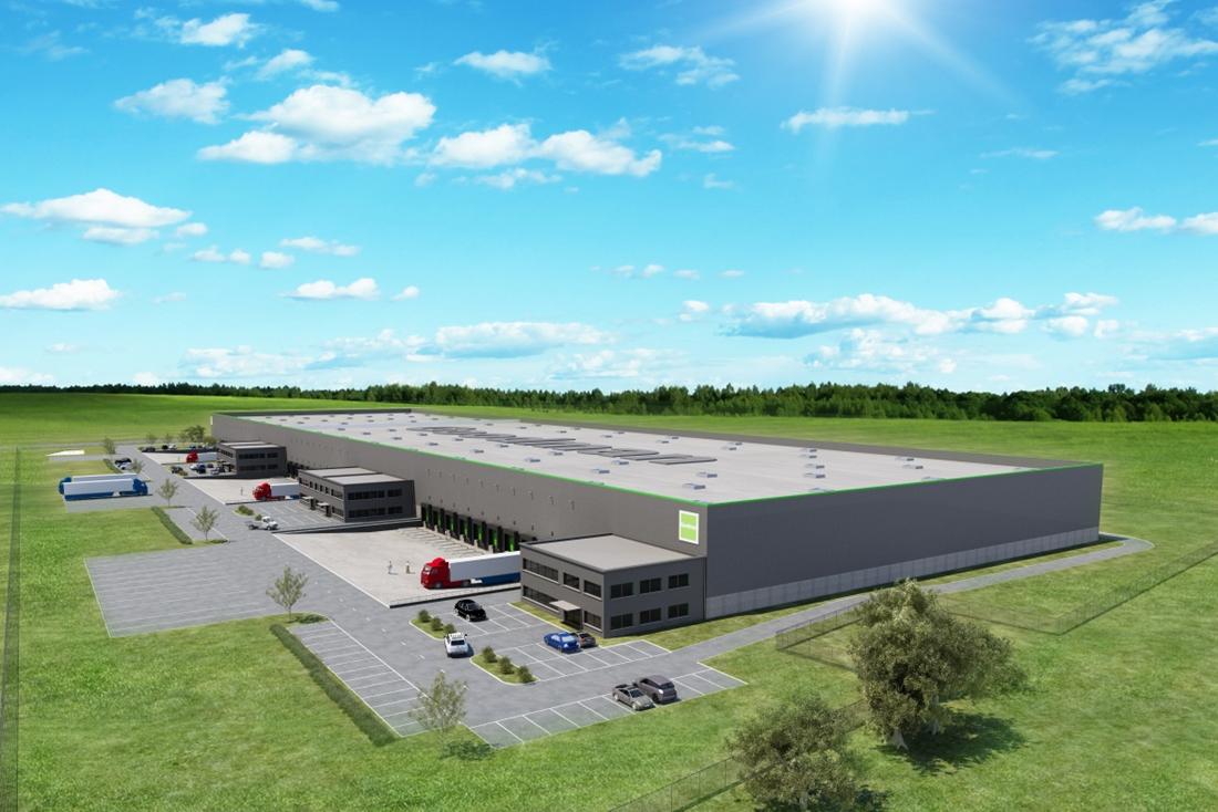 Wizualizajca prezentuje obiekt magazynowo-biurowy Goodman Łódź Logistics Centre, zlokalizowany w Pabianicach k. Łodzi.