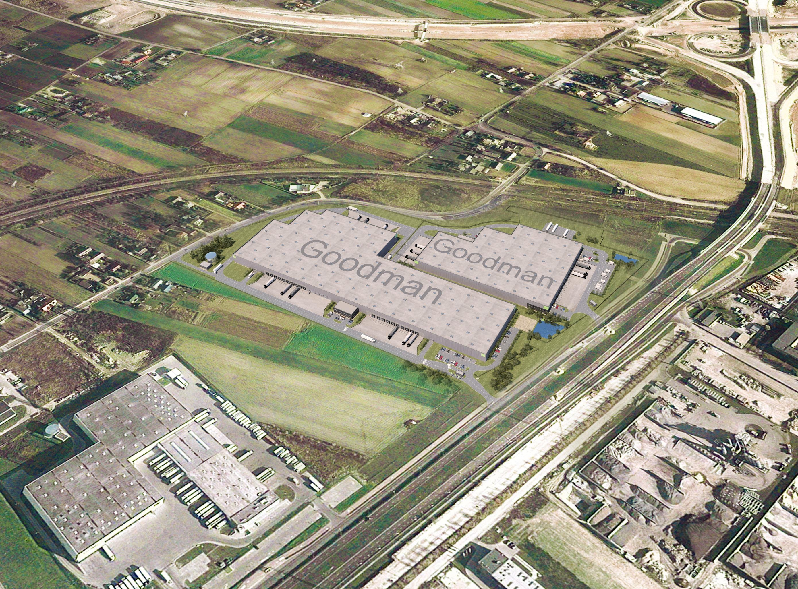 Park magazynowy Goodman Lublin Logistics Centre widziane z perspektywy lotu ptaka.